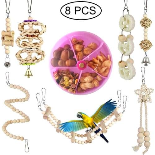 8pcs Parrot Chewing Toys Interactive Wood Beads Toys With Swing Hanging Bells Foraging Box Birds Cage Toy