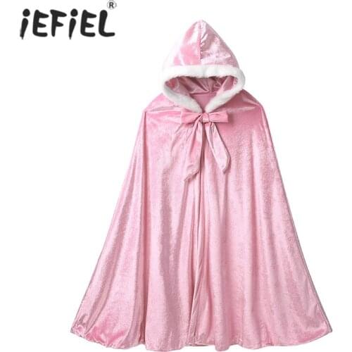Kids Girls Princess Soft Pleuche Faux Fur Trimmed Hooded Long Cape Cloak Costume for Halloween Cosplay Dress Up Party Clothing