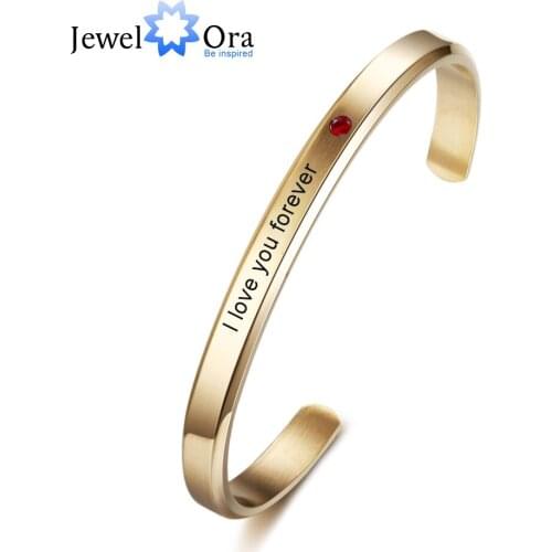 JewelOra Personalized Stainless Steel ID Bracelet with Custom Birthstone Engraved Name Bar Cuff Bracelets for Women Xmas Gifts
