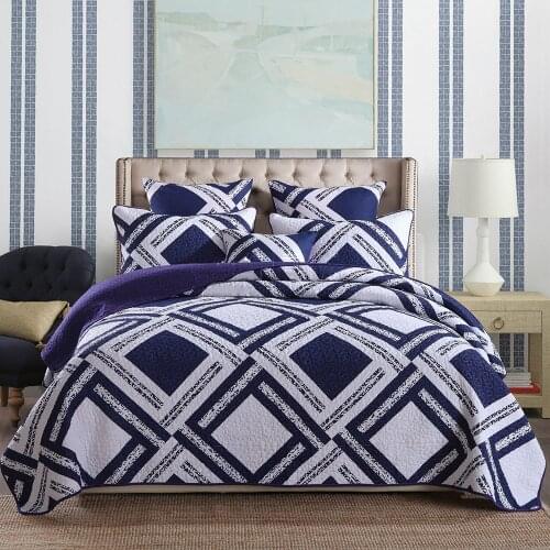 CHAUSUB Cotton Quilt Set 3PCS Quilted Bedspread Blue Quilts Bed Cover Sheet Pillowcase King Queen Size American Coverlet