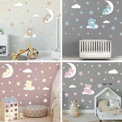 Cute Moon Stars Bear Wall Stickers For Kids Baby Room Home Nursery Art Decorative Sticker Children Bedroom Decals Murals 36x48cm