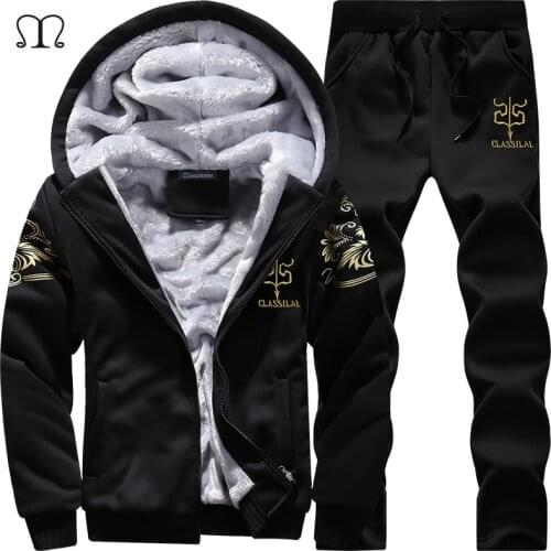 Winter Thick Inner Wool Hoodie Men Hat Casual Warm Suit Men Zipper Active Suits For Men Outwear + Pants Moletons Masculino 2019