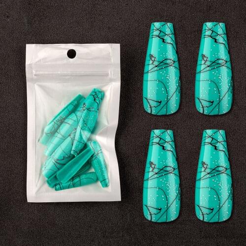 20pcs Coffin False Nails Art Glitter Cross Line UV Gel Fake Fingers Decoration Long Tapered Ballerina Press on Nails Manicure