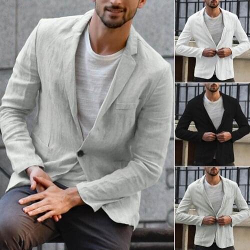 Autumn Men Blazers Cotton Linen Long Sleeve Blazers for Men Jacket One Button Pockets Blazer Coat homens blazers Men Clothing