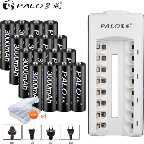 PALO 16pcs Ni-MH AA Rechargeable Battery aa 3000mAh 1.2V Batteries With Charger for AA AAA Ni-MH Ni-CD 1.2V batteria batteries