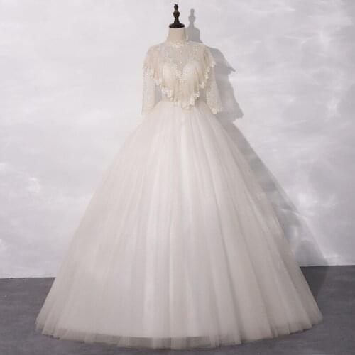 Quinceanera Dress 2021 New Three Quarter Sleeve High Neck Party Dress Lace Embroidery Vestidos Back Zipper Ball Gown Customize