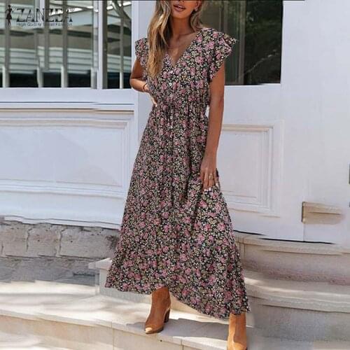 2021 Summer Elegant Women Dresses ZANZEA Print Maxi Vestidos Casual Solid Ruffle Sleeve Long Sundress Lady V-neck Robe Plus Size