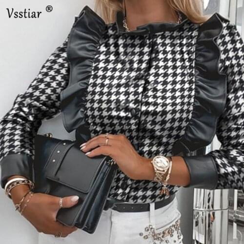 Houndstooth Women Blouse Elegant Ruffles O Neck Ladies Leather Shirts New Fashion Woman Casual Oversized Pu Clothing Plus Size