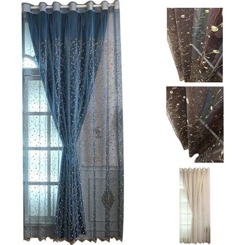 Embroidered Leaves Tulle Organza Sheer Curtain For Window Organza Cheap Curtains Blackout Living Room Door Curtain Solid Blue
