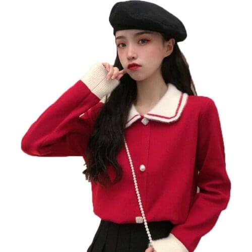 Autumn Winter Womens Sweater New Korean Pullover Sweater Solid Loose Long-Sleeved Doll collar Bottom Knit Sweater Female T295