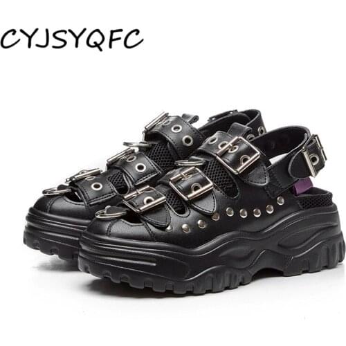 CYJSYQFC Spring Fall Women Rivet Shoes Real Leather Belt Buckle Strap Increased Thick Bottom Soft Light Sole Casual Lady Sandals