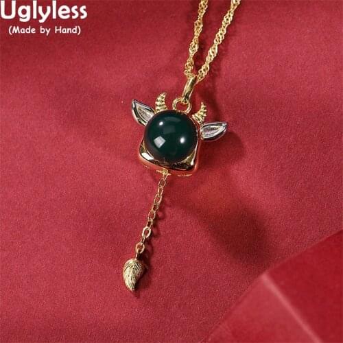 Uglyless Vivid Bull Demon Necklaces for Women 925 Silver Leaf Tassels Pendants + Chain Blue Amber OX Animal Jewelry 925 Silver