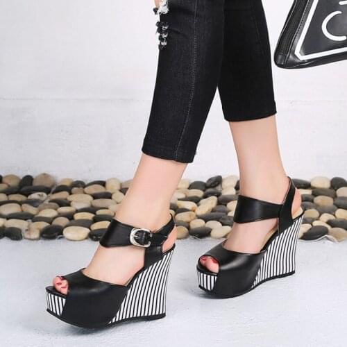 Sexy High Wedge Heels Peep Open Toe Sandals Stripe Shoes Women Big Plus Size 44 45 Platform Sandals Summer Black Pink White Shoe