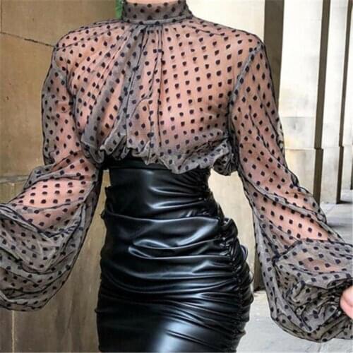 New Women See-through Sheer Mesh Top Puff Long Sleeve T-shirt Tops Shirts Lace Sexy Fashion Crop Tops