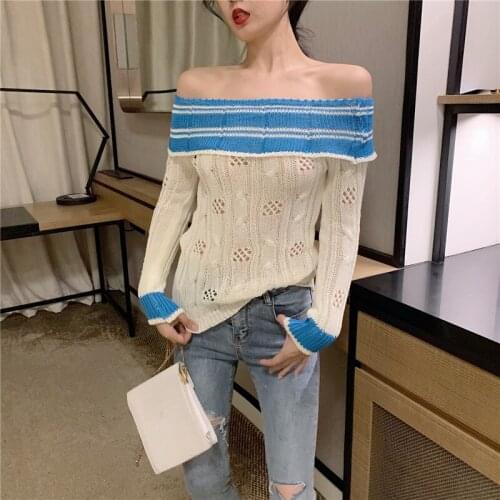 Korean Style Women Pullover Spring 2020 Vintage Chic Patchwork Hollow Out Long Sleeve Knitted Off Shoulder Sweater Knitwear T355
