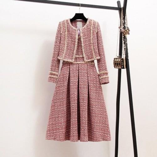 High Quality 2021Fall Winter Tweed Wool Two Piece Set Women Elegant Thick Short Jacket Coat + Plaid Beading Slim Vest Dress Suit