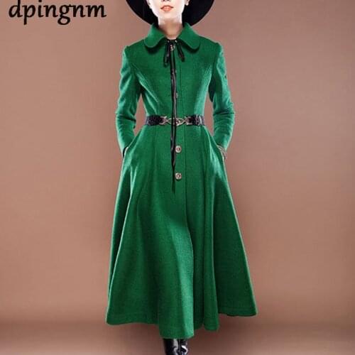 Women Winter Long Sleeve Pleated Extra Long Girl Purple Blend Coat Vogue Casual Woolen Windbreaker Ladies Oversized Overcoat