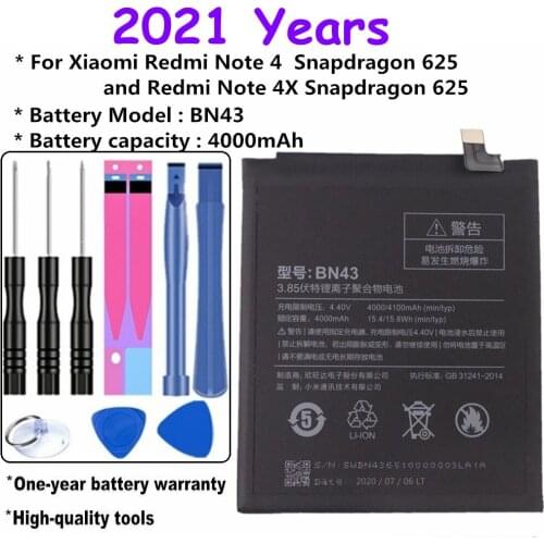 2021 Years 100% Capacity 4000mAh BN43 Battery For Xiaomi Redmi Note 4X / Note 4 Phone Battery Replacement + Tools