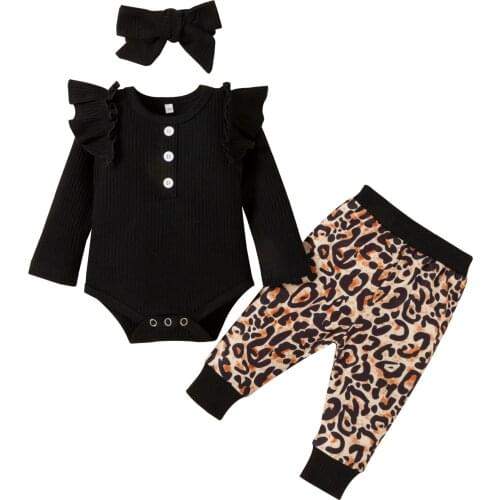 Childrens Clothes For Newborn Solid Color Fly Long Sleeve Romper Tops Leoprad Pants Headband Cotton Baby Girl Clothes 0-18M Set