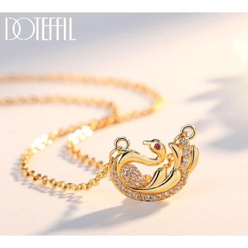 DOTEFFIL 925 Sterling Silver Fashion Jewelry Gold Cute Swan AAA Zircon Pendant Necklace For Women Party Anniversary Wedding Gift