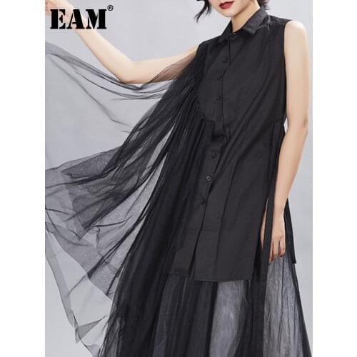[EAM] Women White Irregular Mesh Long Blouse New Lapel Sleeveless Loose Fit Shirt Fashion Tide Spring Summer 2021 1DD5131