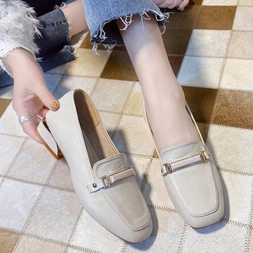 Elegant Women Pumps Metal Buckle Loafers Fashion Square Head Ladies Shoes Comfortable PU Slip-on Low Heel Women Office Shoes