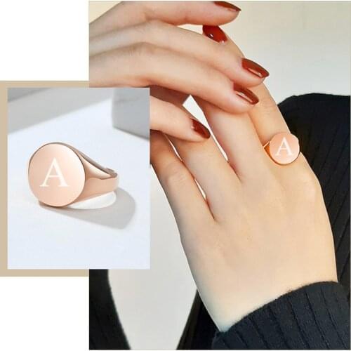 Personalize Signet Rings for Women, Chunky Round Top Initial Letter Stamp, Stainless Steel Punk Candid Fashion Custom Jewelry