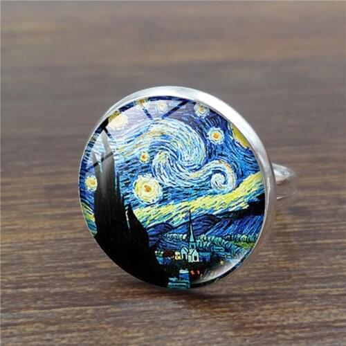 Fashion Art Van Gogh 16 MM Ring Glass Cabochon Jewelry Sunflower Starry Night Handcraft Rings Women Sisters Friends Gifts