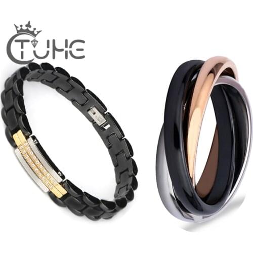 2018 Ceramic Bracelet Rings Sets Jewelry Rose Gold Gold Color Stainless Steel Women Men Jewelry for Wedding Christmas Gift