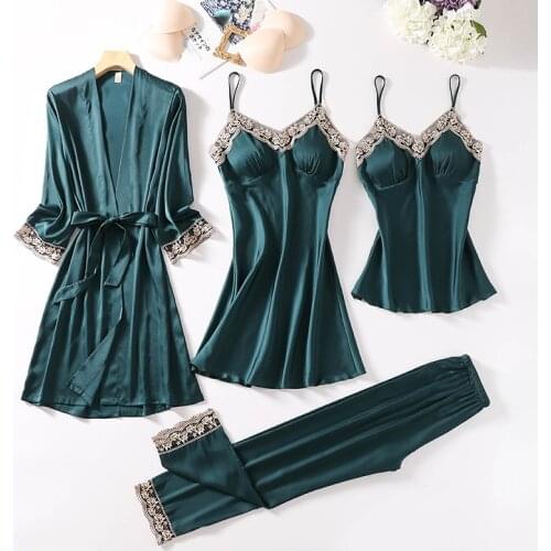 Spring New 4PCS Lce Silk Pajamas Sets Women Sleepwear Sleep Suit Satin Kimono Strap Top&Pants Pijamas With Chest Pads Nightgown