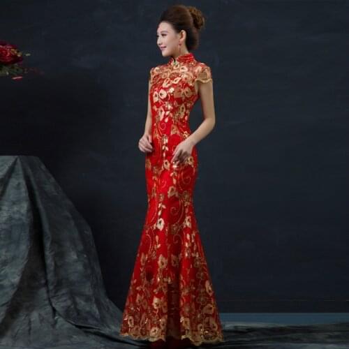 Red Chinese Wedding Dress Female Long Short Sleeve Cheongsam Gold Slim Chinese Traditional Dress Women Qipao for Wedding Party