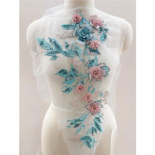 6 Colors 3D Beading Hot Drilling Flower Patch Lace Applique Veil Performance Clothing Wedding DIY Accessories 50*25cm