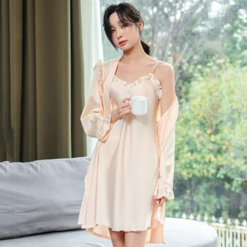 M-XXL Women Ruffles 2PCS Robe Set Sexy V-Neck Bathrobe Bride Dressing Bath Gown Strap Top Nightgown Sleepshirt Casual Home Dress