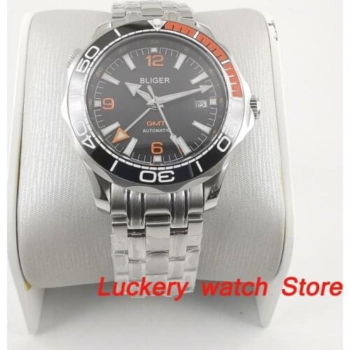 41mm bliger mens watch black dial Luminous saphire glass;Ceramic Bezel GMT Automatic mechanical watches BA226