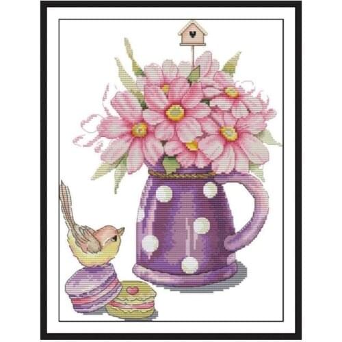 Joy Sunday Cross Stitch Kits bird and Flowers vase 14CT pattern Printed Chinese embroidery needlework decorations gifts for home