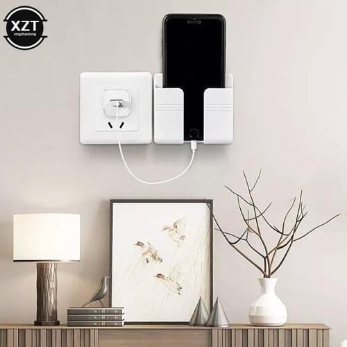 Wall Mounted Mobile Phone Charging Organizer Remote Control Storage Box Phone Plug Wall Holder Stand Socket Storage Shelf
