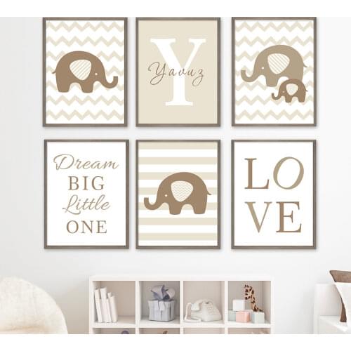 Custom Name Initial Letter Canvas Painting Elephant Animals Baby Nursery Wall Art Poster Pictures Kids Room Bedroom Home Decor