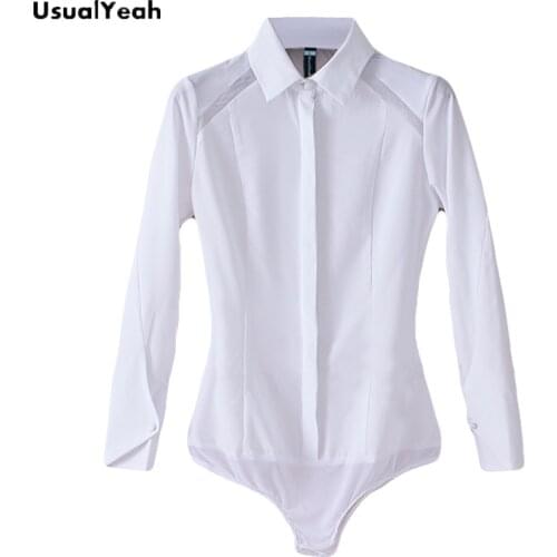 UsualYeah New 2018 Women Fashion Body Shirts Solid White Patchwork Lace Long sleeve Turn-down Collar Blouse blusas S-XXL SY0331