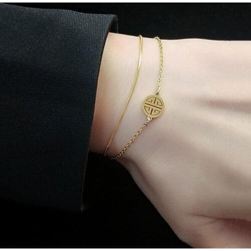 New Trendy Vintage Chinese Style Two Layers Gold Color Bracelet Elegant Summer Bracelet for Women Jewerly