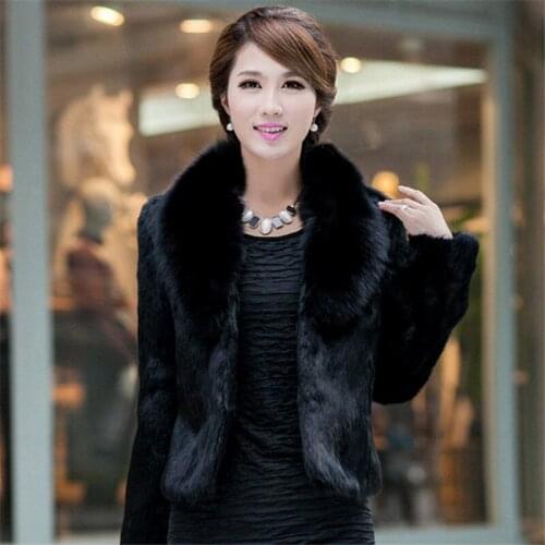 Faux Rabbit Hair Coat Women Warm Outwear Autumn Winter Short Fake Fur Collar Jacket Plus Size Fashion Black White Slim Overcoat
