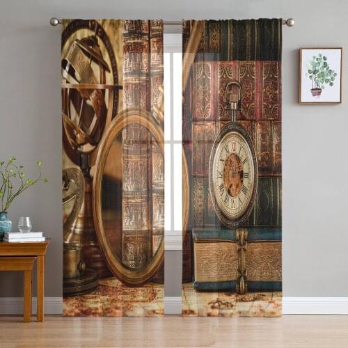 Sheer Curtains For Living Room Magnifying Glass Clock Book Retro Bedroom Balcony Curtains Kitchen Dining Room Voile Curtains