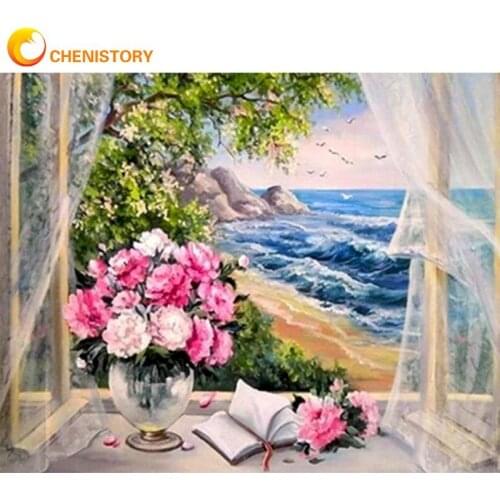 CHENISTORY 60x75cm Frame Picture Painting By Numbers Kits Flowers Window Wall Art Home Decors Coloring By Numbers For Diy Gift