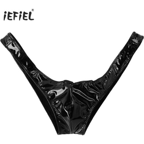 Sexy Mens Lingerie Wet Look Patent Leather Lingerie Briefs Panties Bulge Pouch Open Butt Jockstrap Mini Thong Briefs Underwear