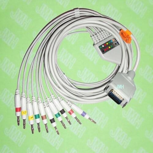 Compatible with Fukuda,Customed,Bosch EKG 10 lead,One-piece ECG cable and leadwires,15PIN,4.0 Banana,IEC or AHA
