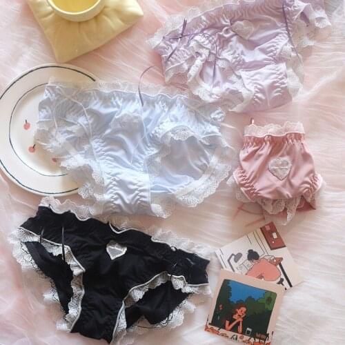Retro Sweet Maid Lovely Underwear Japanese Young Girls Milk Silk Heart Embroidery Briefs Kawaii Elegant Bow Ribbon Panties