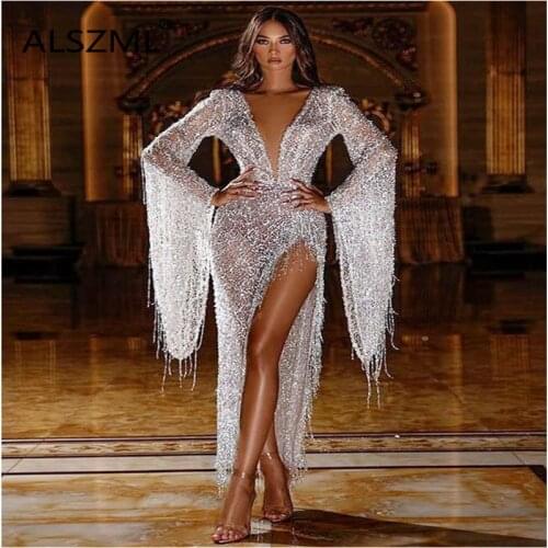 Deep V Neck Long Sleeve Sexy Party Long Maxi Dress Elegant Night Club Robe Femme
