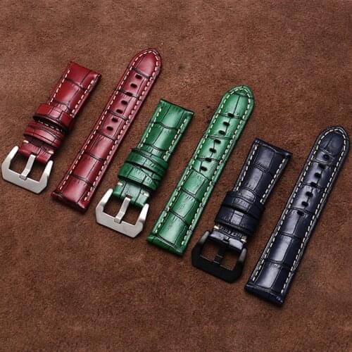 Yopo 22mm 24mm 26mm Cow leather watchband blue red black Retro slub pattern bracelet For PAM111 424 males watch accessories