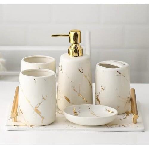 Green Bath Sets Marble Textured Bathroom Set Household Wash Brush Holder Cup Liquid Soap Dispensers Soap Dishes Kit