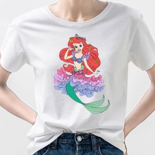 Disney Woman Tshirt Mermaid Ariel Flounder Print T shirt Streetwear Harajuku Tops Female T-shirts Short Sleeve T-shirt
