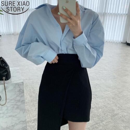 Spring Long Sleeve Loose Plus Size Clothing for Women Shirts and Blouses Turn Down Collar Shirt Blue Blouse Ladies Tops 13471